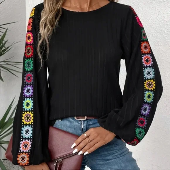 Chic Black Blouse with Colorful Embroidered Sleeves - Picture 1 of 5